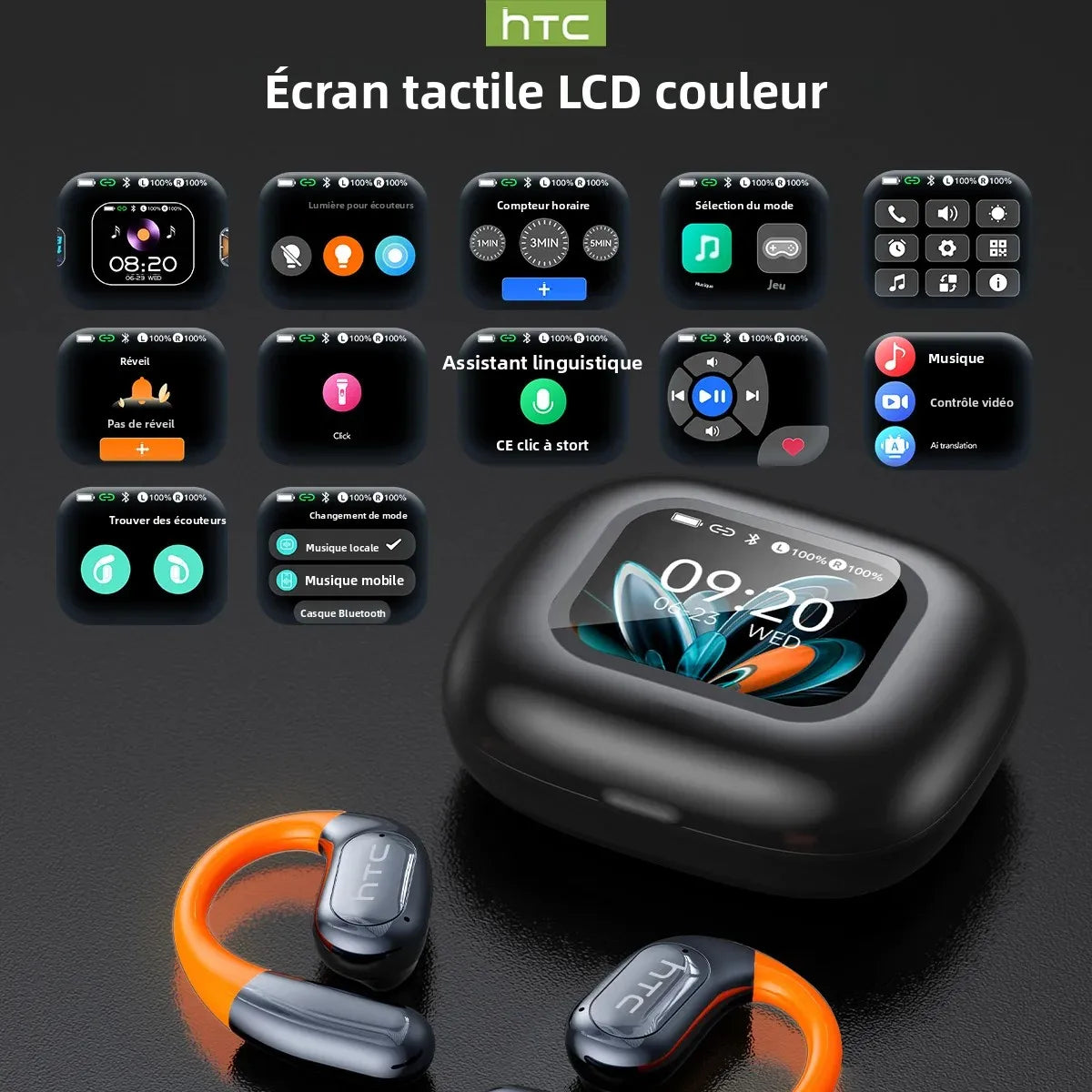 Écouteurs Bluetooth HTC NE27, traducteur IA, casque de sport OWS, écran LCD, casque sans fil, crochet d'oreille lumineux, longue durée de vie