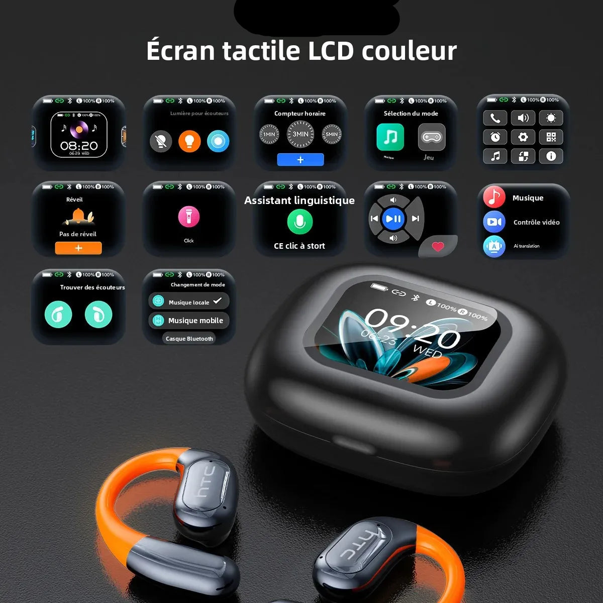 Écouteurs Bluetooth HTC NE27, traducteur IA, casque de sport OWS, écran LCD, casque sans fil, crochet d'oreille lumineux, longue durée de vie