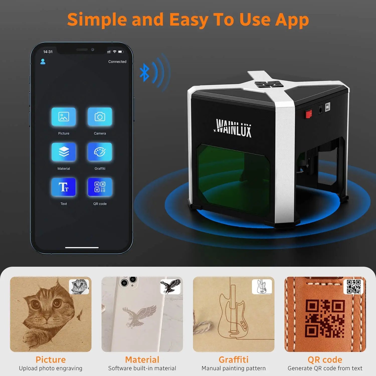 Graveur laser Bluetooth K6 Wainlux-, imprimante portable, gravure, découpe, 80x80mm, CNC, support de machine, bois, plastique