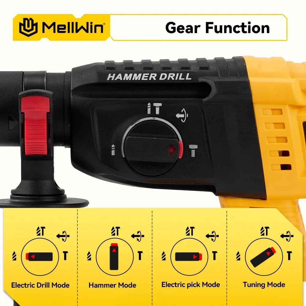 Perceuse à percussion électrique sans fil MELLWIN – 26 mm, moteur sans balais, marteau rotatif pour broche de batterie18 V