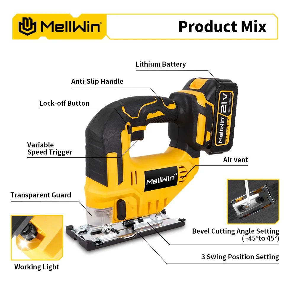 MELLWIN scie sauteuse électrique sans fil avec scie à chantourner sans fil à 31 lames outil de coupe multifonction pour le travail du bois pour Makita broche de batterie 18V
