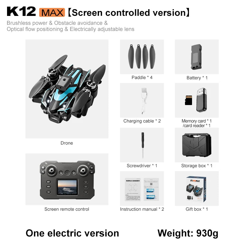 Drone à moteur sans balais K12 Max – Écran version solitaire, caméra HD 4K, évitement d'obstacles, quadrirotor pliable, jouet RC