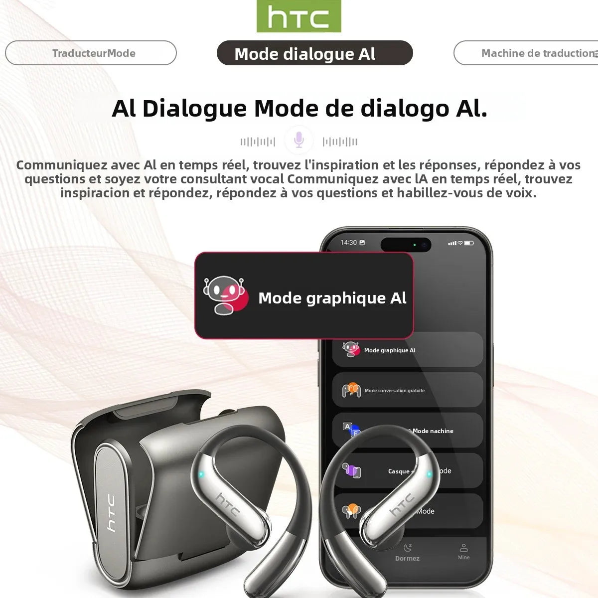 Écouteurs HTC NE23 Bluetooth V6.0 à oreille ouverte sans fil, traducteur IA, appels HD, élégants et fins