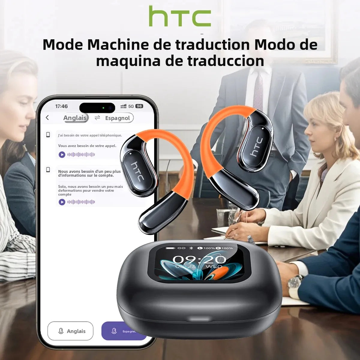 Écouteurs Bluetooth HTC NE27, traducteur IA, casque de sport OWS, écran LCD, casque sans fil, crochet d'oreille lumineux, longue durée de vie