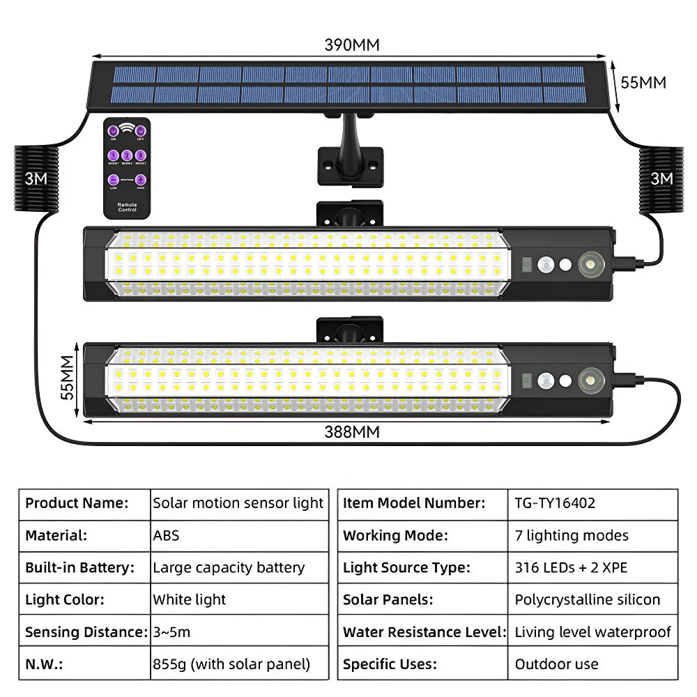Lampe solaire LED T-NEWSTYLE 316/158 LED – Applique murale avec capteur de mouvement, IP65, éclairage extérieur pour jardin, clôture et camping