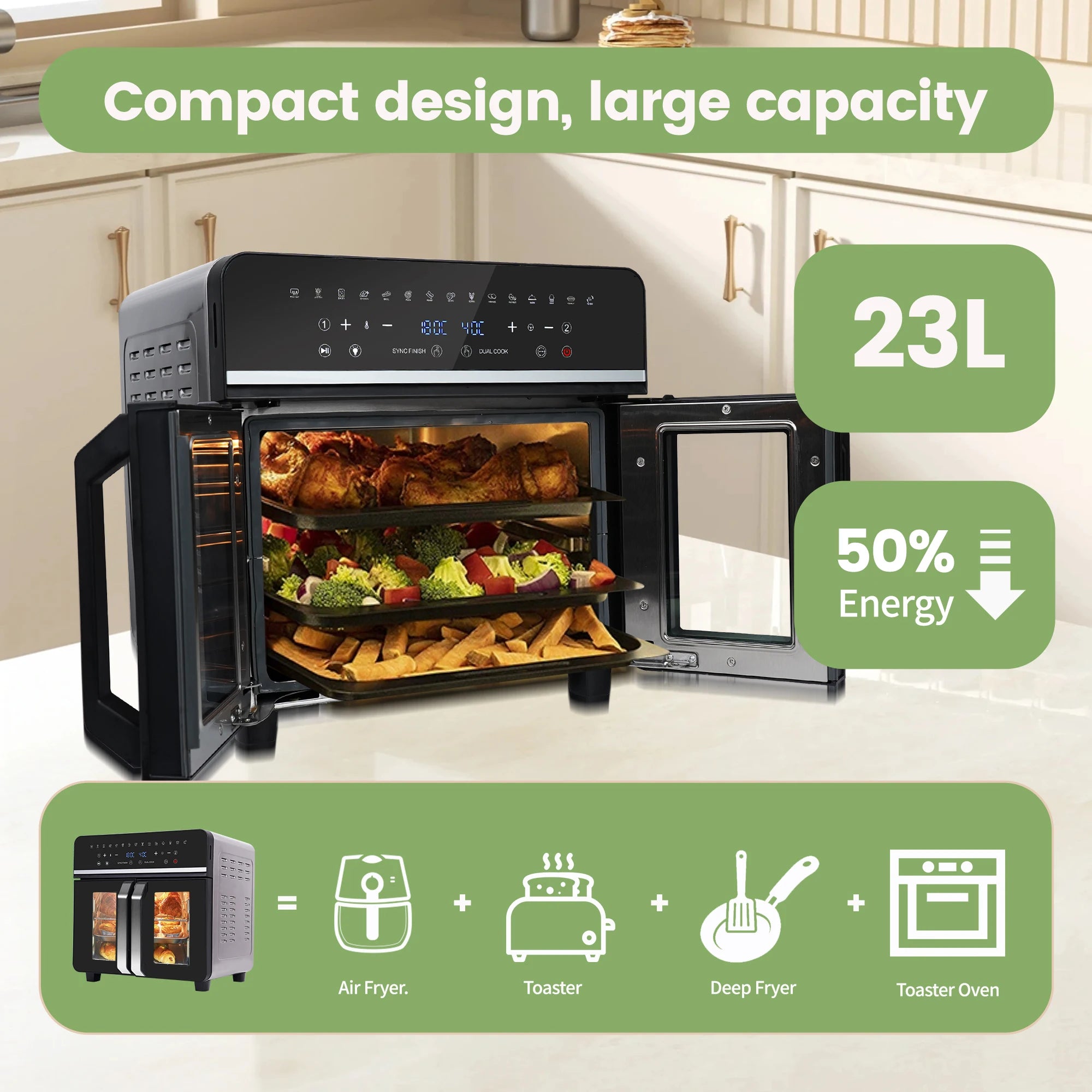Friteuse à air chaud double zone, 23 L, four XXL 2200 W, écran tactile LED, 15 programmes, livre de recettes inclus