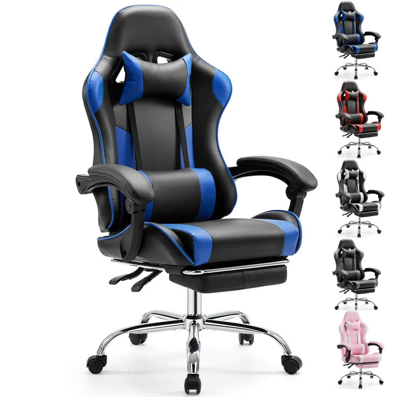Fauteuil de jeu ergonomique JHK pivotante réglable en cuir PU avec appui-tête et support lombaire pour ordinateur de bureau