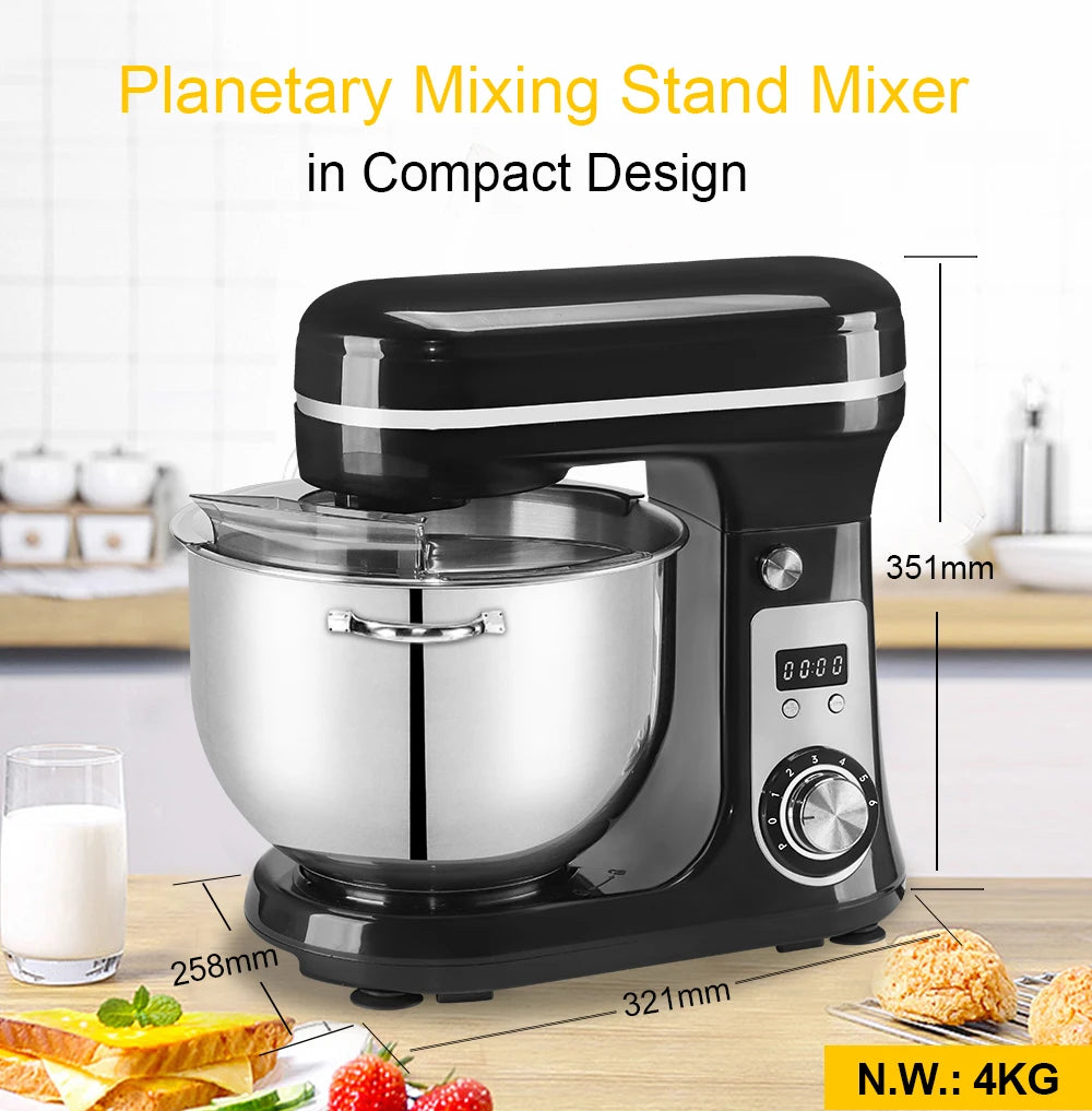 Robot de cuisine électrique BioloMix, 6L sur socle mélangeur 1200W moteur silencieux bol en acier inoxydable 6 vitesses, Crochet à pétrir, Batteur plat, bol mélangeur, Fouet filaire