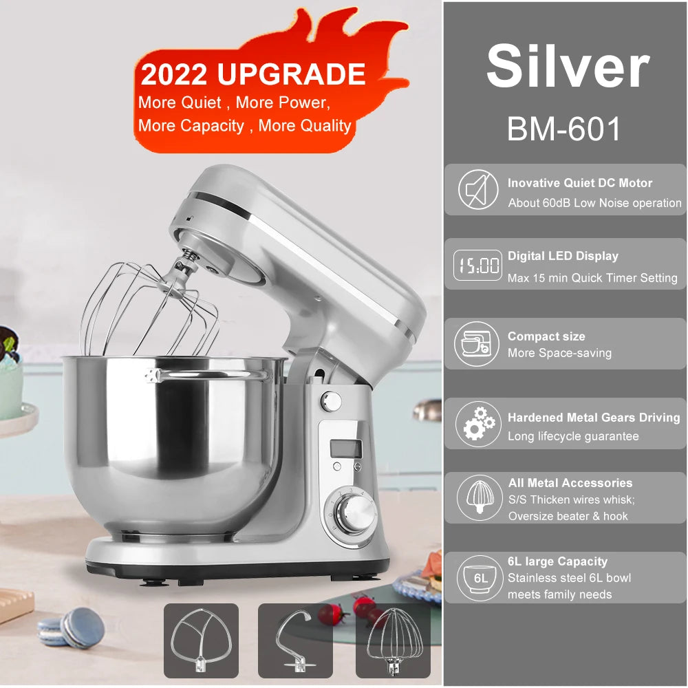 Robot de cuisine électrique BioloMix, 6L sur socle mélangeur 1200W moteur silencieux bol en acier inoxydable 6 vitesses, Crochet à pétrir, Batteur plat, bol mélangeur, Fouet filaire