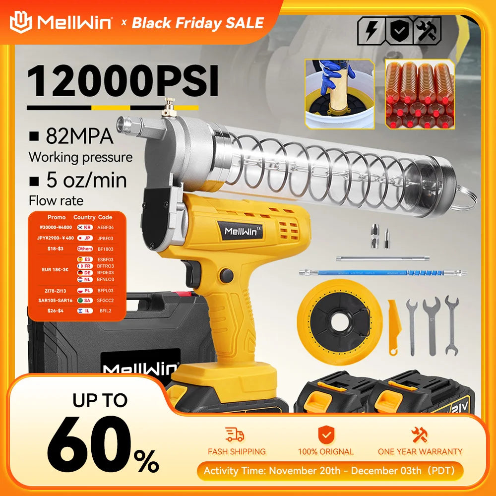 Pistolet à graisse MELLWIN électrique haute pression 12000PSI / 82MPa sans fil pour Makita 18V