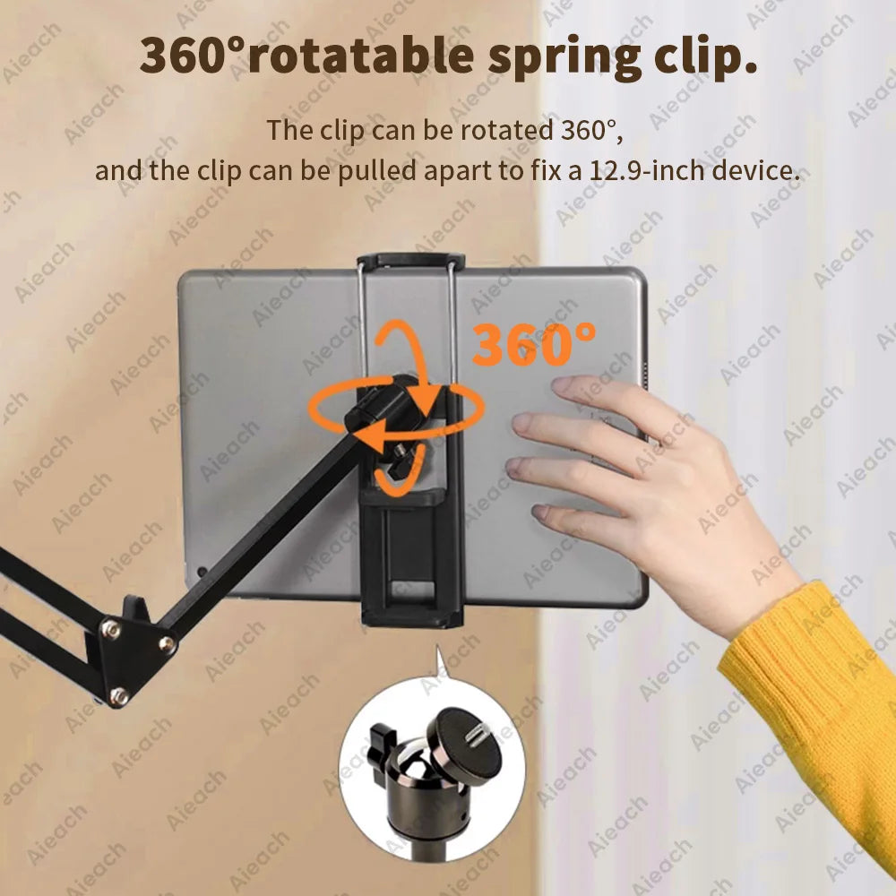 Support de tablette rotatif à 360 ° avec bras en métal de 90cm, pour iPad et téléphone de 4.7 à 12.9 pouces