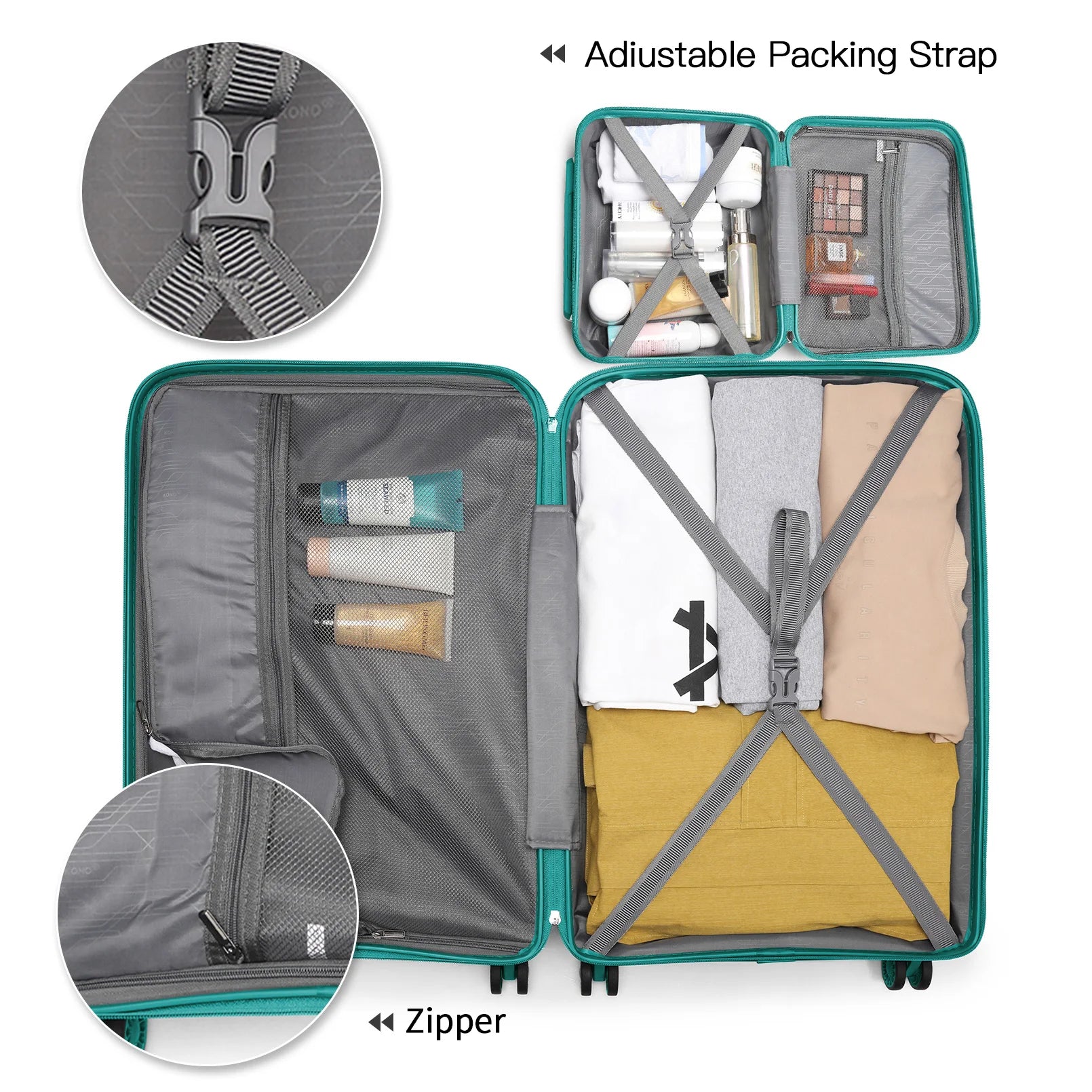 Ensemble de bagages rigides PP KONO 3 pièces – léger, 4 roues jumelles, serrure TSA, valises S-M-L