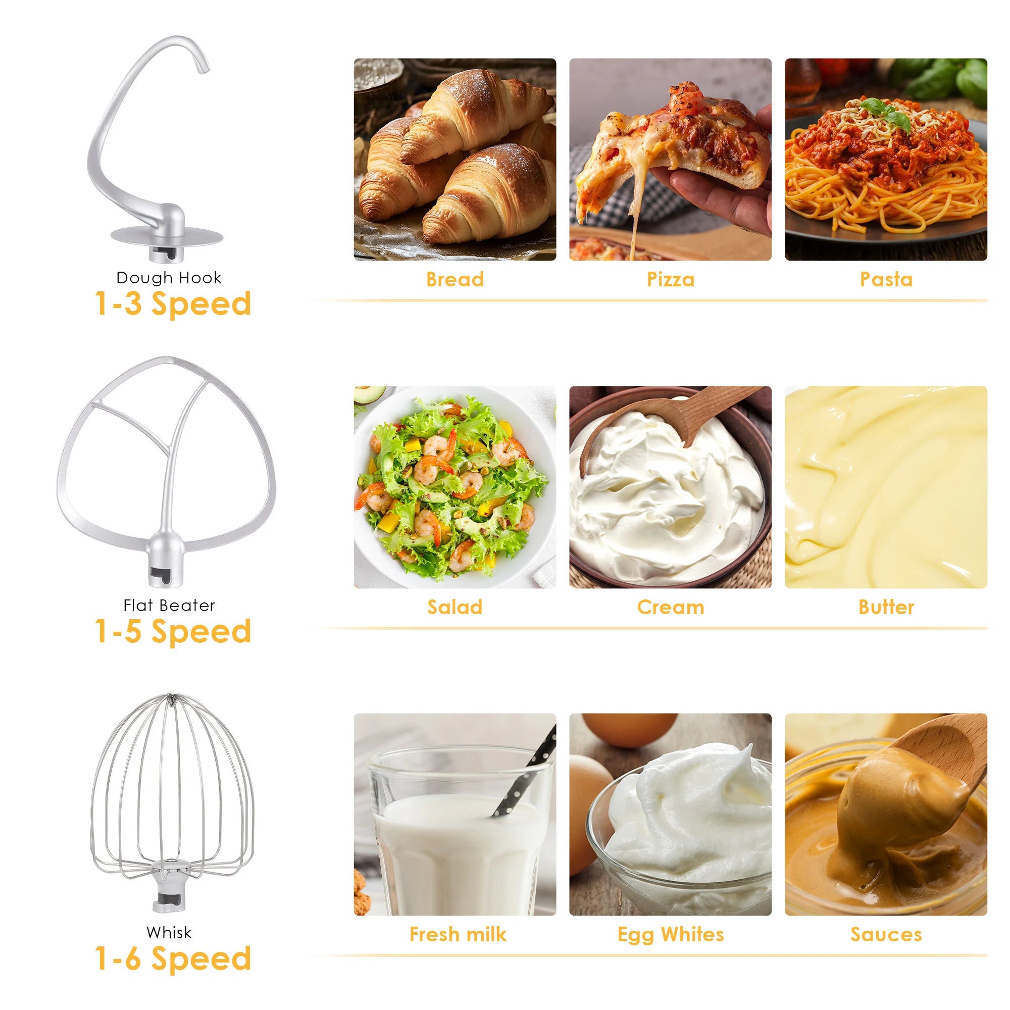 Robot de cuisine électrique BioloMix, 6L sur socle mélangeur 1200W moteur silencieux bol en acier inoxydable 6 vitesses, Crochet à pétrir, Batteur plat, bol mélangeur, Fouet filaire