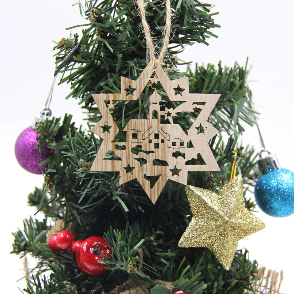 Flocon de neige creux en bois pour Noël, ornements de Noël vintage, décorations d'arbre de Noel, cadeaux, 12 pièces par boîte