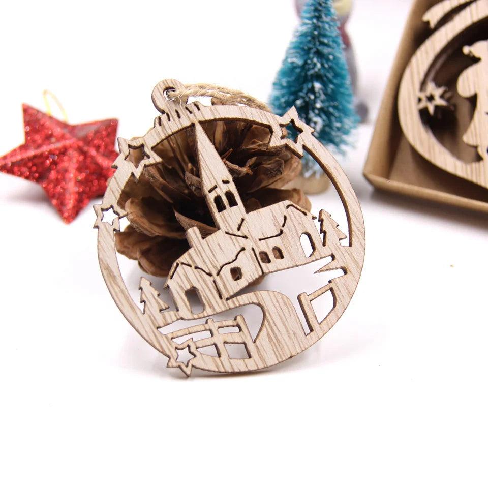 Flocon de neige creux en bois pour Noël, ornements de Noël vintage, décorations d'arbre de Noel, cadeaux, 12 pièces par boîte