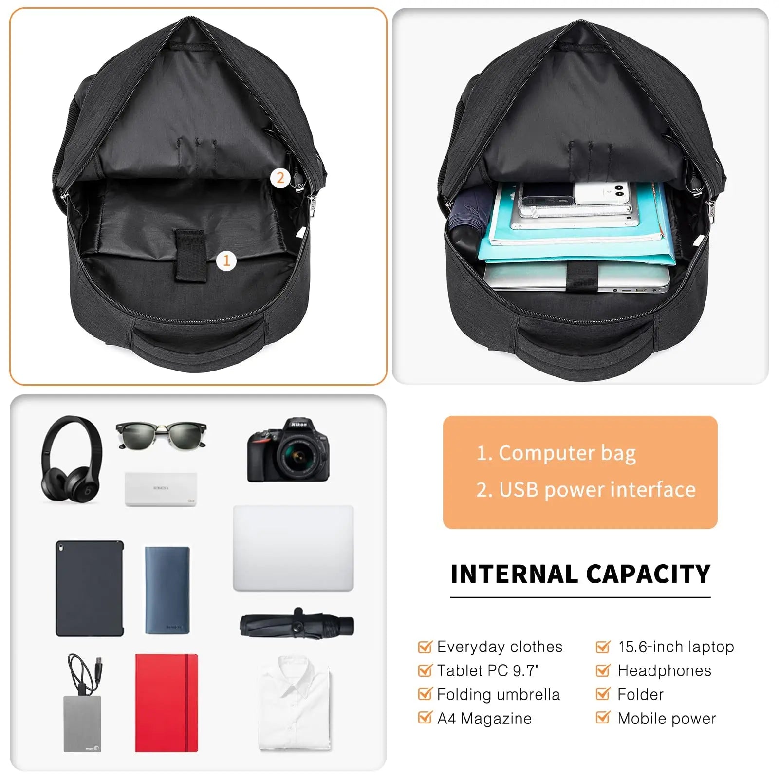 Sac à dos de voyage pour ordinateur portable KONO – port USB, hydrofuge, travail, école et déplacements