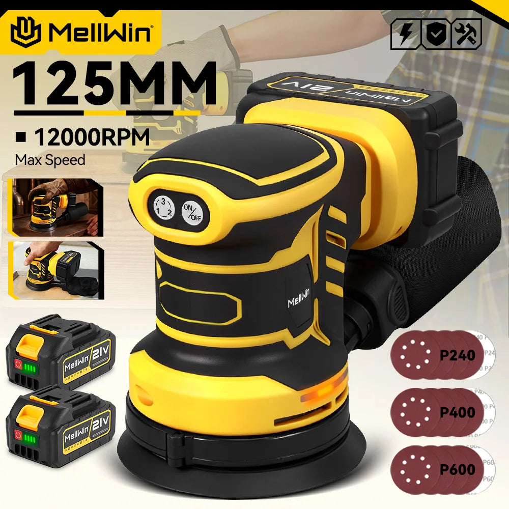 Ponceuse Orbitale Électrique Sans Fil MELLWIN – 3 Vitesses Réglables pour Travail du Bois, Machine de Polissage pour Makita 18V, Broche de Batterie