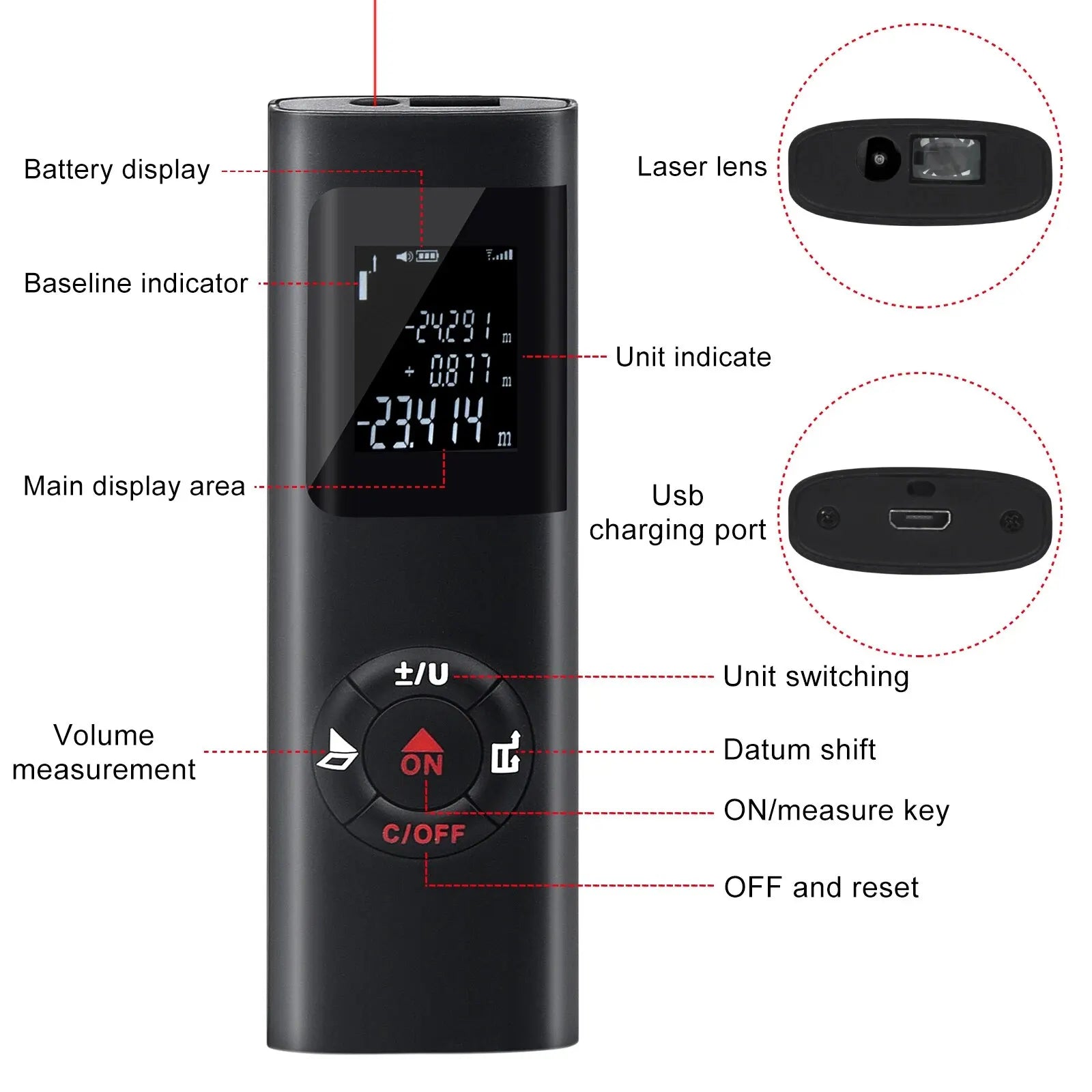 Mini télémètre laser intelligent, mesure infrarouge, USB, aste, portable, déterminer, outils de télémètre, 40m, 60m