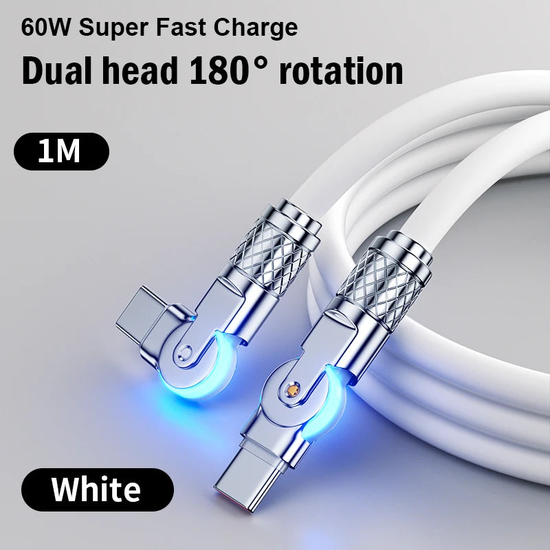 Câble USB-C double rotation pour Xiaomi Redmi Huawei 6A, chargeur rapide Type-C vers Type-C, cordon de jeu pour Macbook, fil en silicone