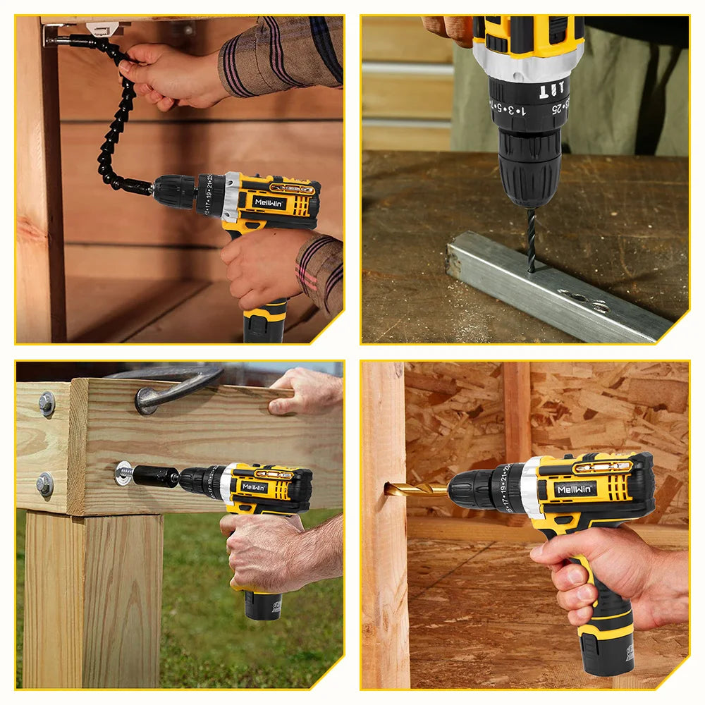 Perceuse sans fil MELLWIN 12 V – 25+3 couples, mini tournevis électrique deux vitesses, perceuse polyvalente pour batterie 18 V / 21 V