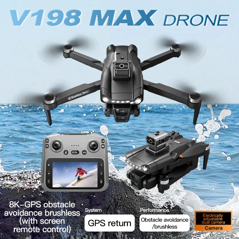 Drone Xiaomi V198 GPS MAX avec caméra HD 8K professionnelle, WiFi 5G, évitement des obstacles par laser sans balais, quadcopter pliable.