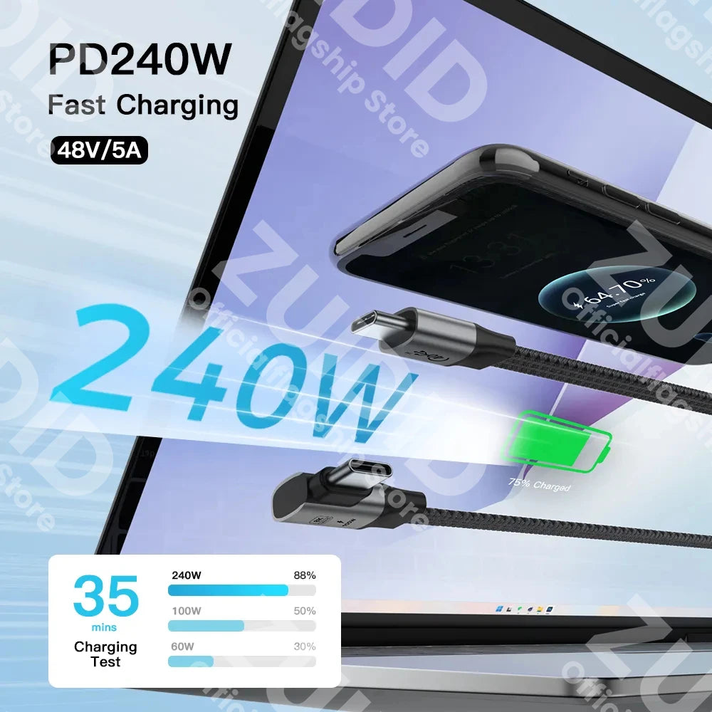 Câble de données plat USB4 40Gbps Type C à Type C ThunderBolt 3 PD 240W 5A USB-C pour iPhone 15 16 Pro MacBook Pro Samsung Xiaomi