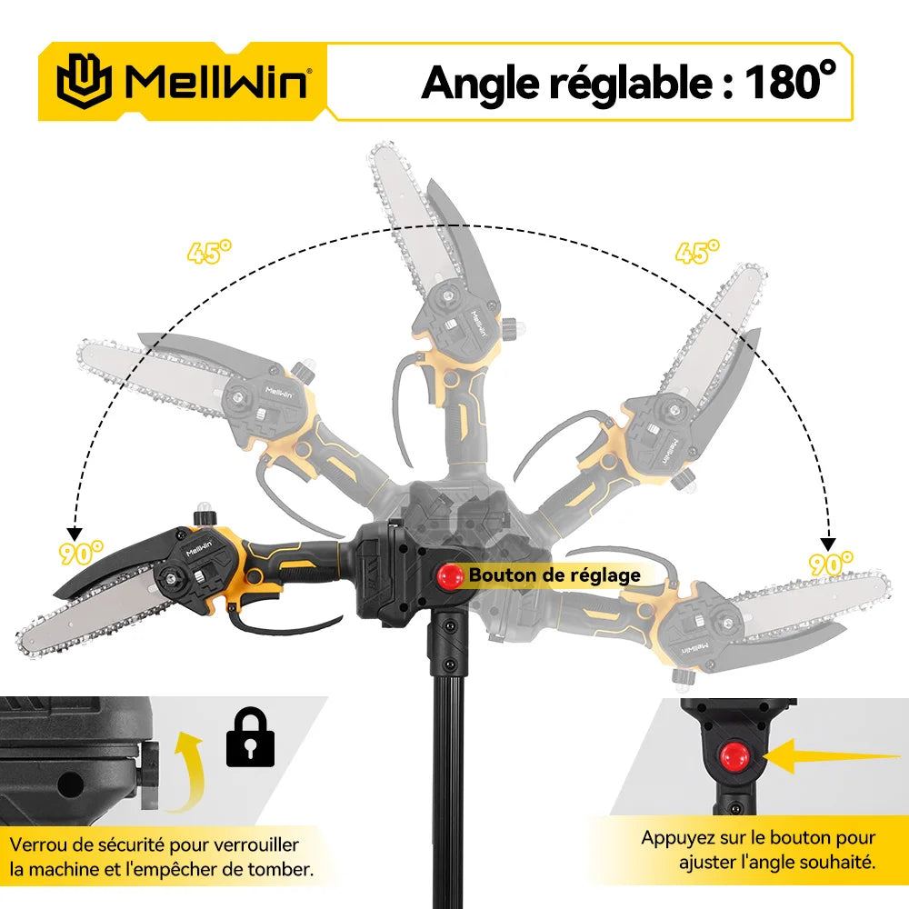 MELLWIN – Pôle télescopique 2 m, tronçonneuse et ciseaux électriques sans balais pour élagage, outil de jardin pour Makita 18 V