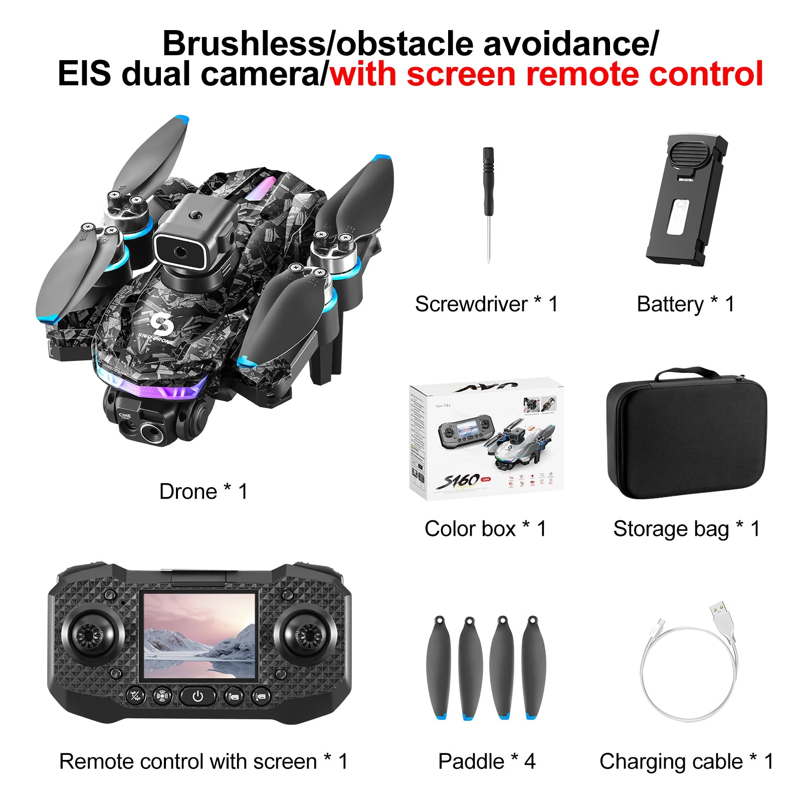 Drone S160 Pro 6K HD EIS – Drone FPV à double caméra avec écran RC, LED colorées, moteur sans balais