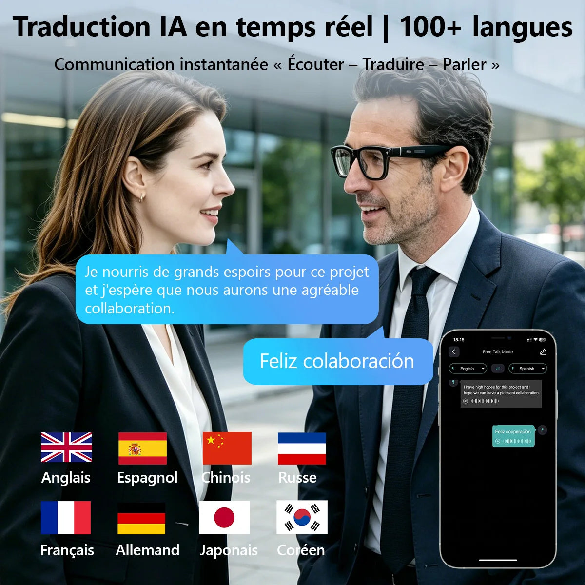 Lunettes Connectées Hganus Nouvelle Version Améliorée 800W avec Caméra, Étui Batterie 3600 mAh, Traduction IA, Enregistrement Photo/Vidéo