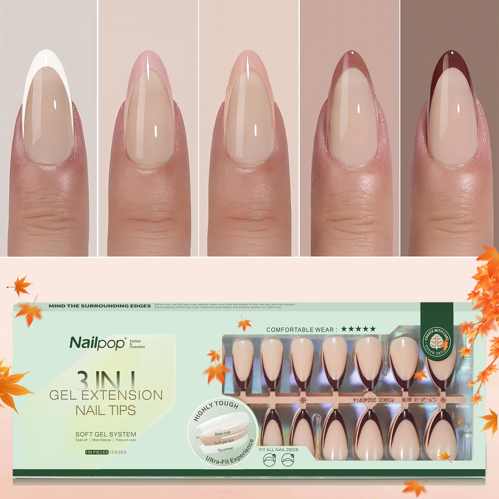 Pointes d’Ongles en Gel Français Pré-Colorées - Nailpop 150 pièces