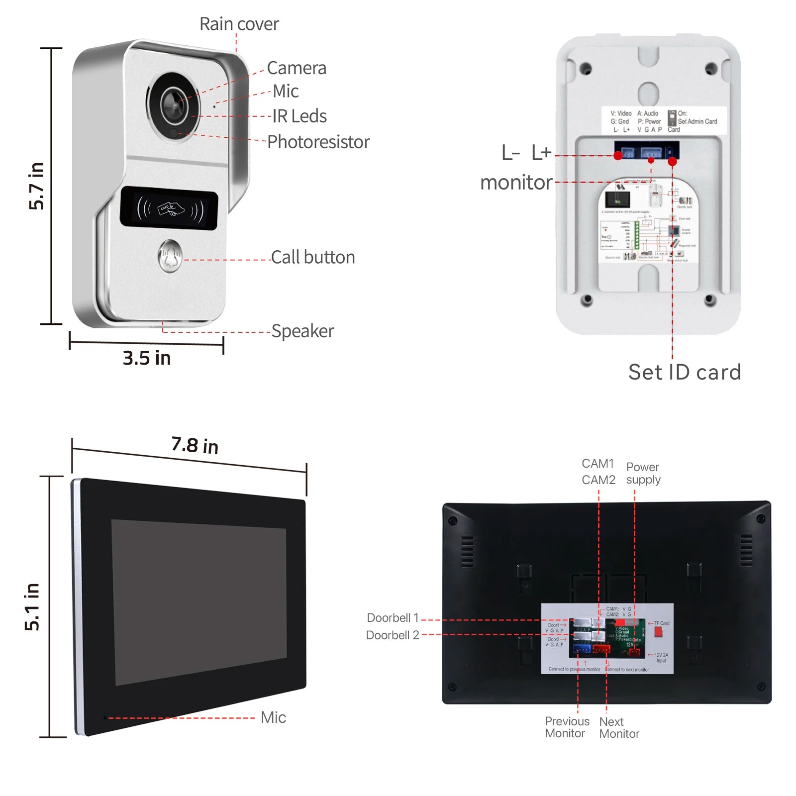 Interphone vidéo sans fil pour la maison, écran tactile 7 pouces, caméra de porte, Wi-Fi, carte SD 32 Go, 1080P
