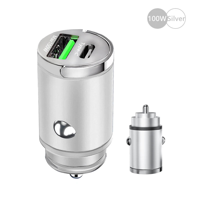 Mini chargeur de voiture allume-cigare 100W, charge rapide pour iPhone QC3.0, mini PD USB Type C, chargeur de téléphone de voiture pour Xiaomi Samsung Huawei