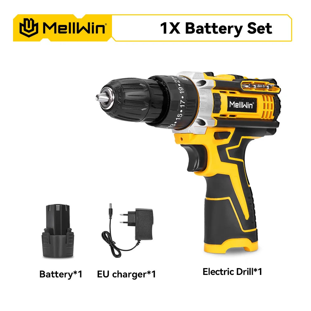 Perceuse électrique sans fil 12 V MELLWIN, Mini pilote d’alimentation polyvalent, couple 25+3, tournevis 2 vitesses réglables