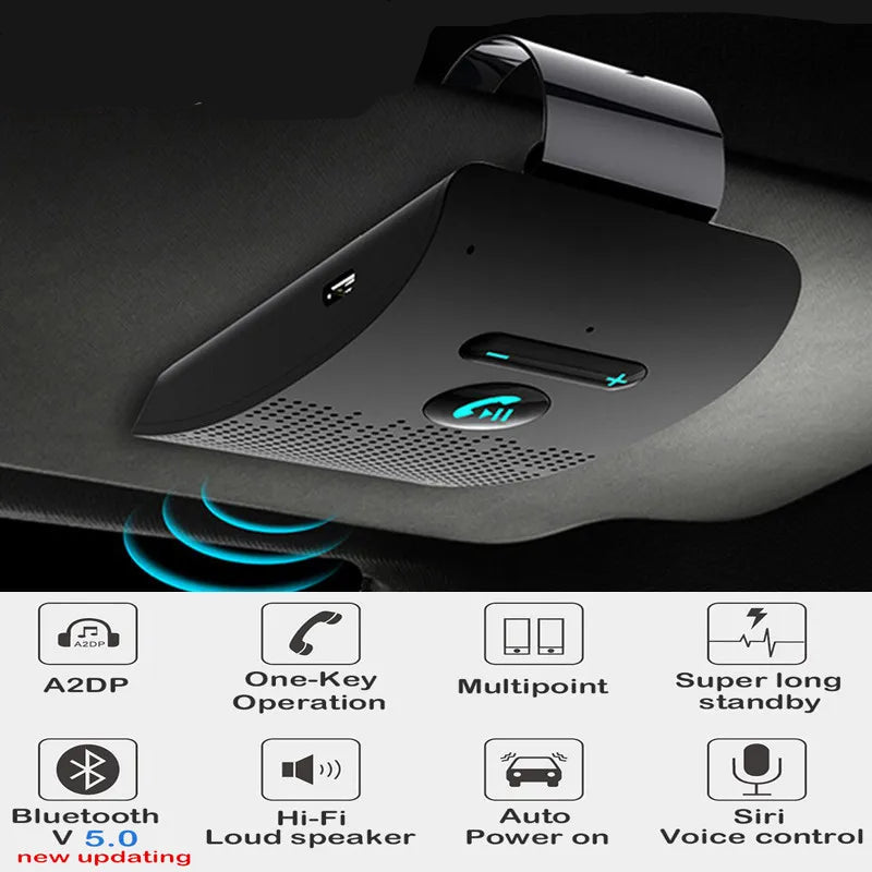 Bluetooth 5.0 Handsfree Car Kit, HIFI Speakerphone, 2W Wireless Audio Receiver, MP3 Music Player, Noise Cancelling, Sun Visor Clip