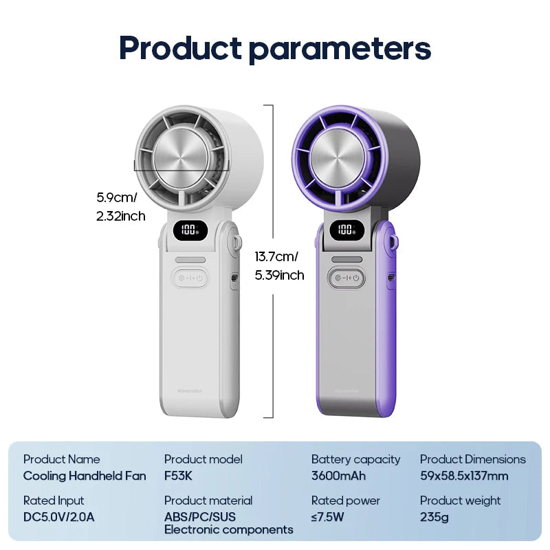 Mini ventilateur portable pliable d'extérieur KINSCOTER, rechargeable, 3600 mAh, contrôle libre sur 100 niveaux, turbo haute vitesse