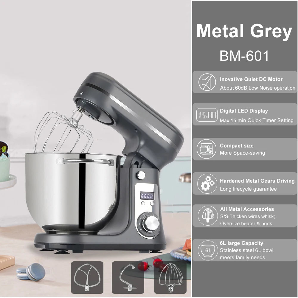 Robot de cuisine électrique BioloMix, 6L sur socle mélangeur 1200W moteur silencieux bol en acier inoxydable 6 vitesses, Crochet à pétrir, Batteur plat, bol mélangeur, Fouet filaire