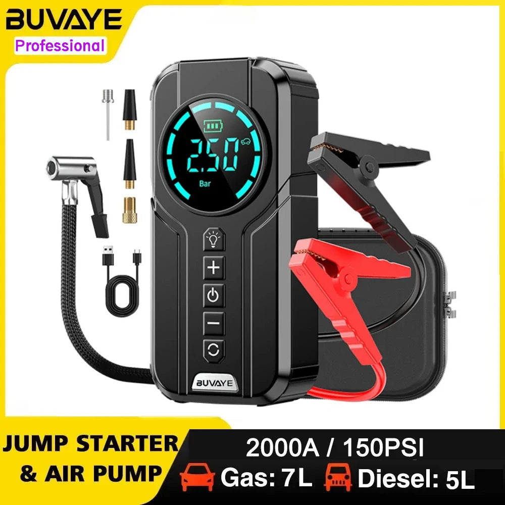 BUVAYE Car Jump Starter, Air Pump, LED Light, Portable Air Compressor, Multi-function Tire Inflator