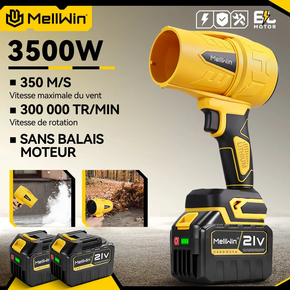 Souffleur turbo électrique sans balais MELLWIN – 350 m/s, 3 500 W, souffleur de feuilles portable sans fil pour broches de batterie 18 V