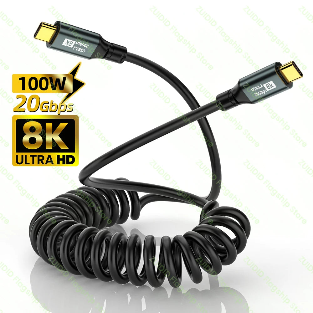 Câble pour iPhone Ressort PD100W USB 3.2 20Gbps ThunderBolt 3 Type C à Type C câble 8K @ 60Hz USB-C câble pour iPhone 15 Pro Max MacBook Samsung