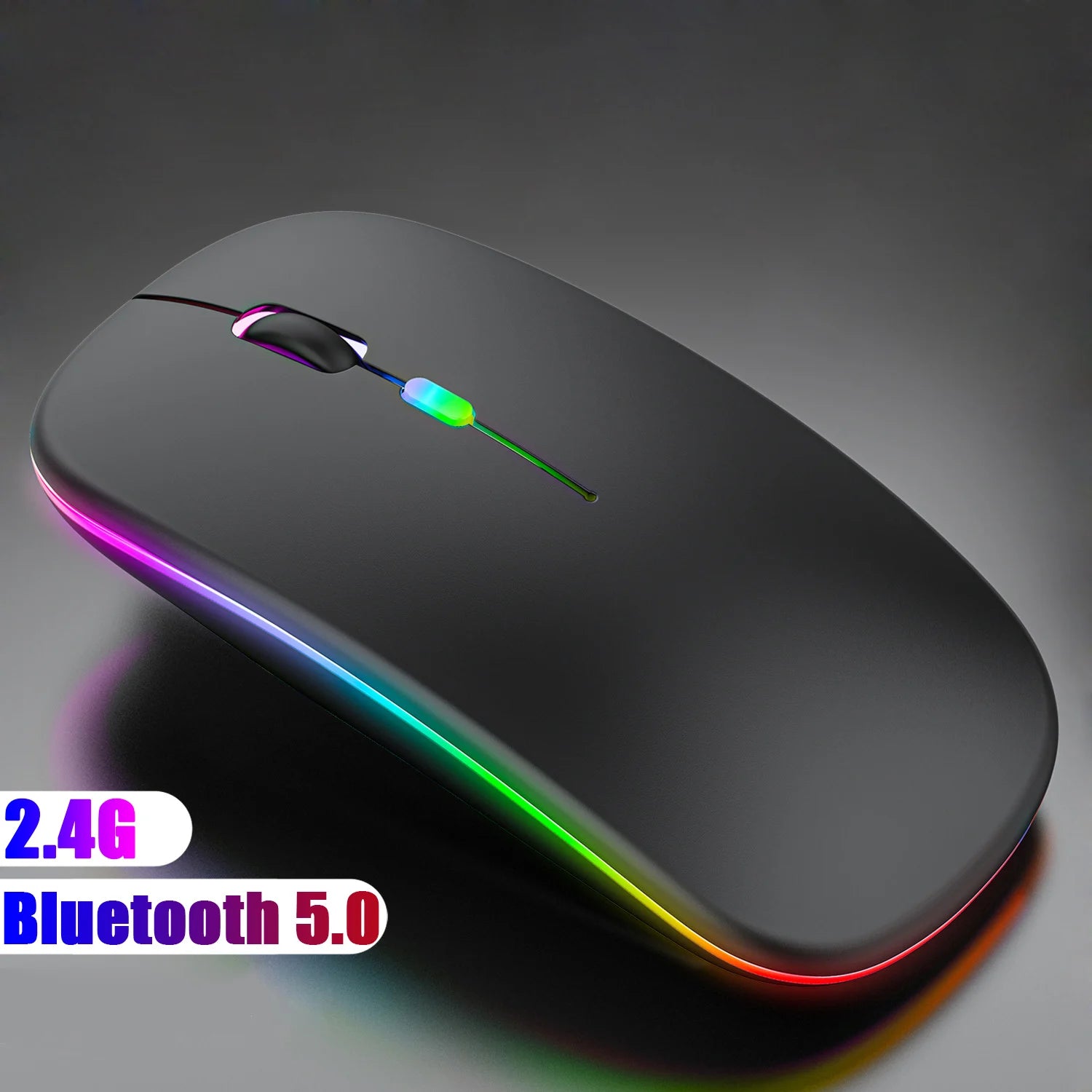 Souris sans fil Bluetooth 5.0 avec éclairage RVB rechargeable par USB pour ordinateur portable, PC, MacBook, souris de jeu 2,4 GHz, 1 600 DPI