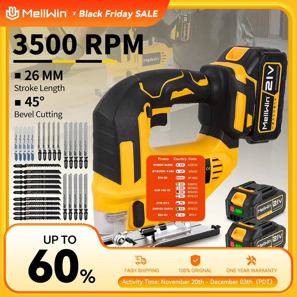 MELLWIN 3500 tr/min scie sauteuse électrique sans fil 31 lames scie courbe sans fil outil de travail du bois multifonction pour Makita broche de batterie 18V