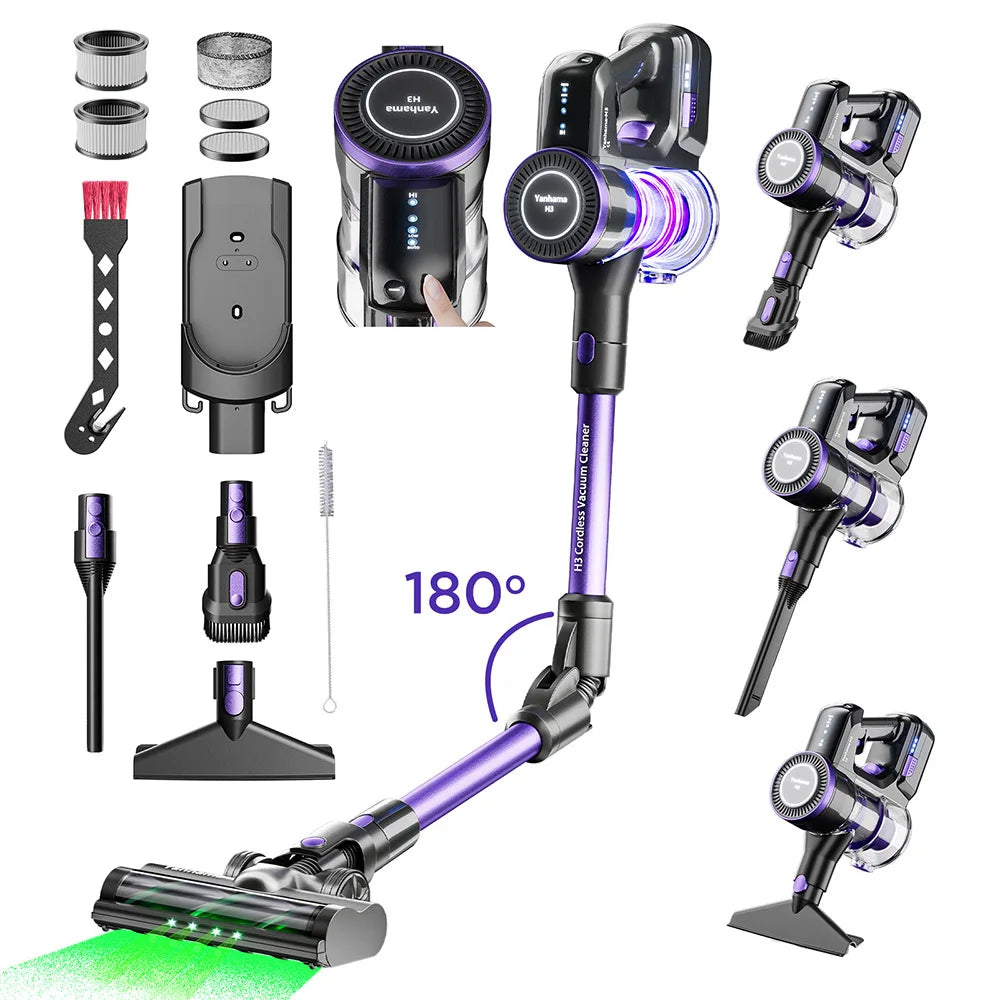 Aspirateur sans fil H3 Yanhama, aspiration 38kPa/550W, autonomie de maximale 60min, poignée à rotation 180°, lumière LED verte