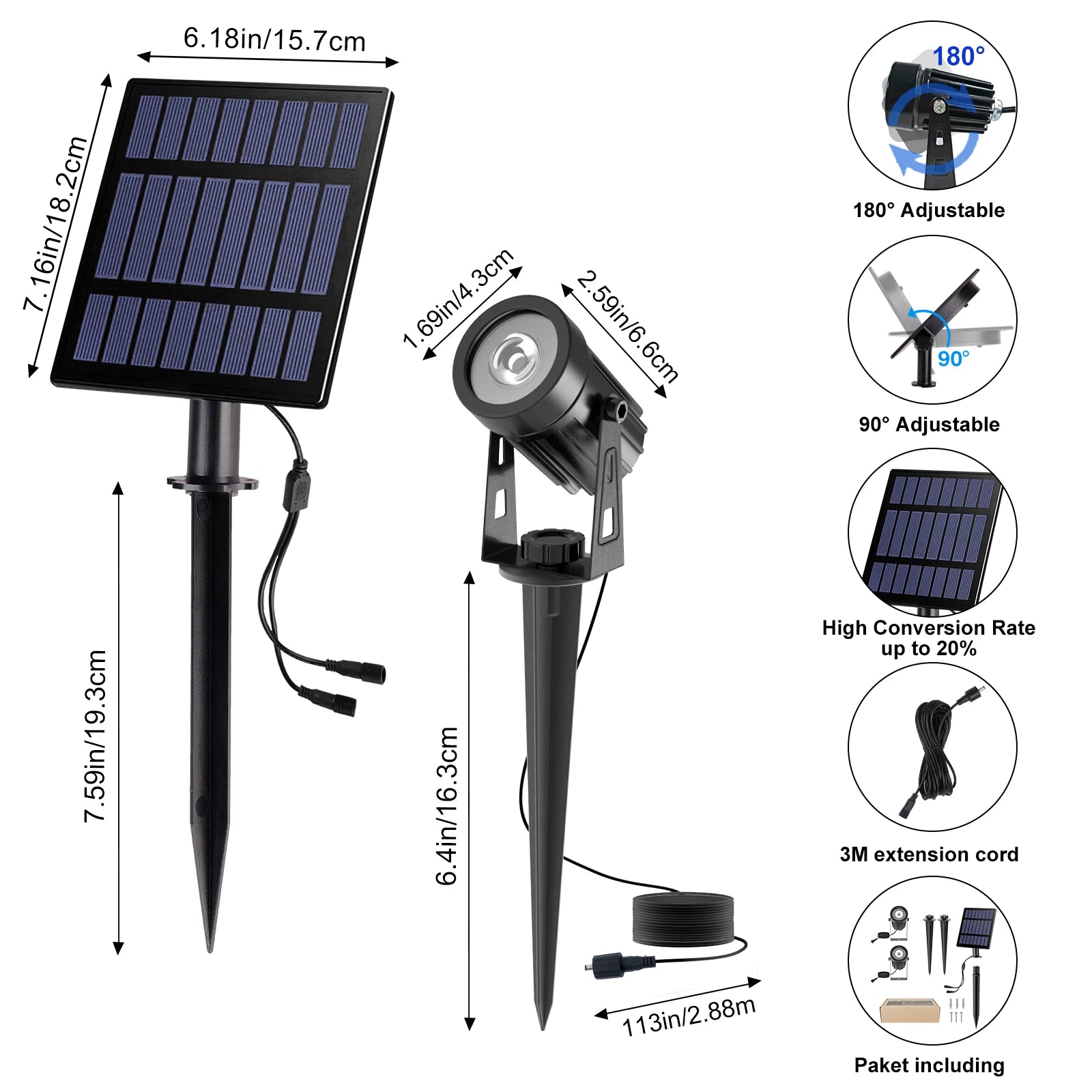 T-SUN LED-Solarleuchte – grüne Strahler für den Garten, IP65, 2W, Solarpanel mit 2,88 m Kabel, Landschaftsbeleuchtung für Außenbereiche