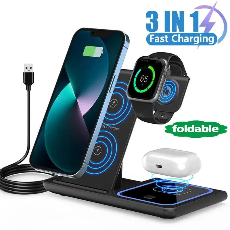 Support de chargeur sans fil pliable 3 en 1, 15W, charge rapide, station S6, iPhone 15, 14, 13, 12 Pro Max, Apple Watch 8, 7, Airpods