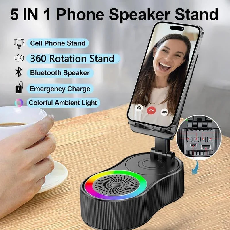 Haut-parleur sans fil avec lumière ambiante colorée 360° Support de téléphone pliable et rotatif et réglable, antidérapant, caisson de basses HDSurround 5.3