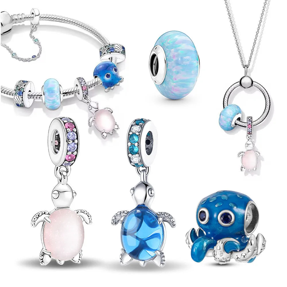 Perles de charme de tortue de mer pour femme, bijoux à bricoler soi-même, perles de poulpe, pendentif rose et bleu, bracelet Pandora