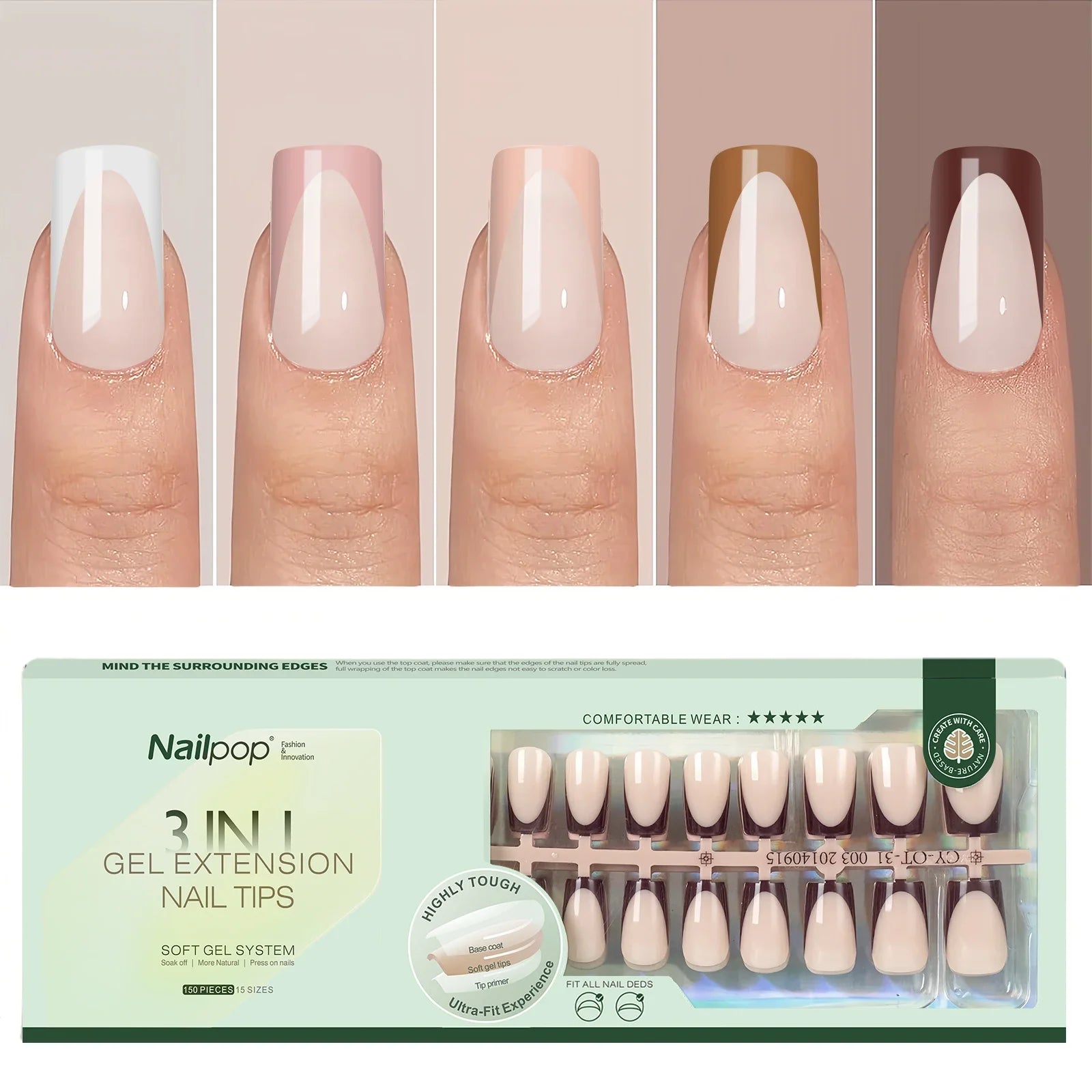 Pointes d’Ongles en Gel Français Pré-Colorées - Nailpop 150 pièces
