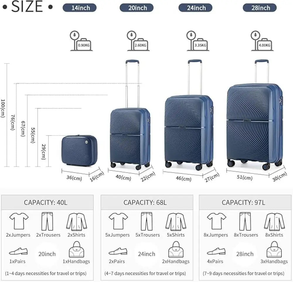 Ensemble de valises rigides British Traveler KONO, 4 pièces, PP, serrure TSA