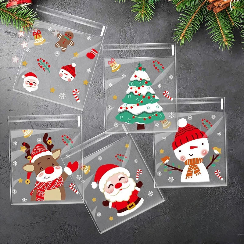 Sacs de Noël 10x10 cm – Lot de 100 sacs auto-adhésifs pour bonbons, biscuits et cadeaux, décorations festives pour la maison et enfants