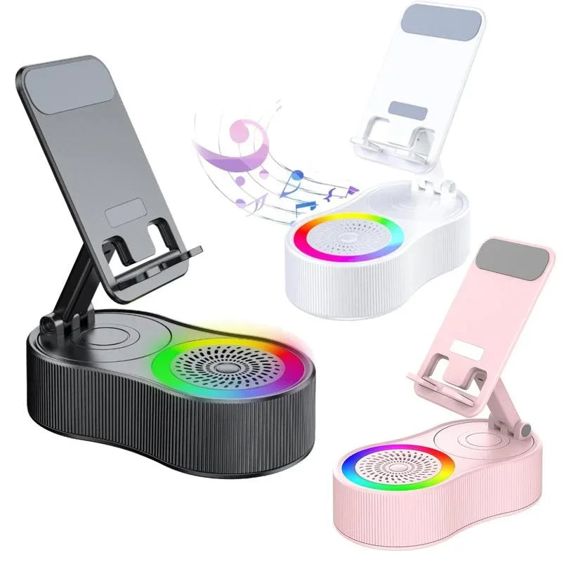 Haut-parleur sans fil avec lumière ambiante colorée 360° Support de téléphone pliable et rotatif et réglable, antidérapant, caisson de basses HDSurround 5.3